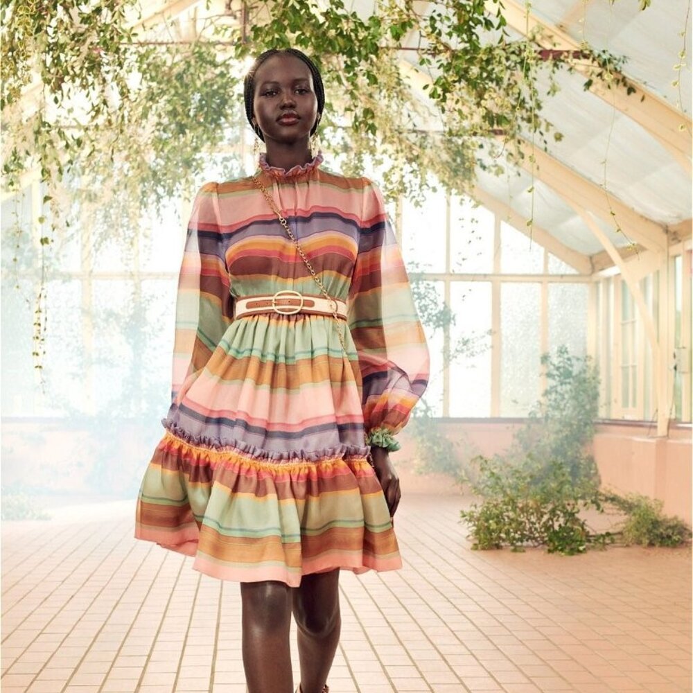 NWT ZIMMERMANN Striped Ruffled Silk-Organza Dress Size O